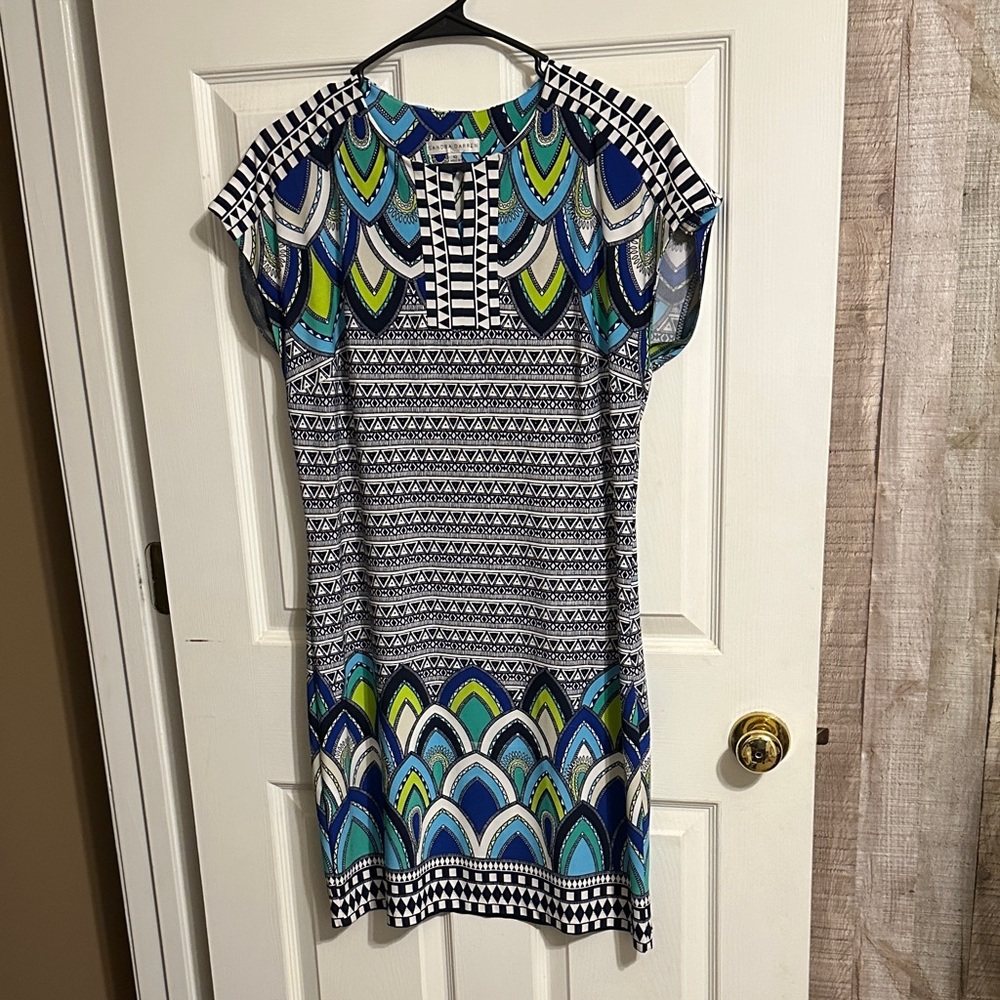 Sandra Darren Blue and Green Geometric Dress